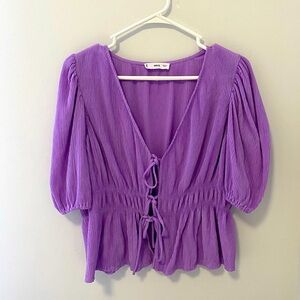 Mango Purple Puff Sleeve Blouse with Tie Front